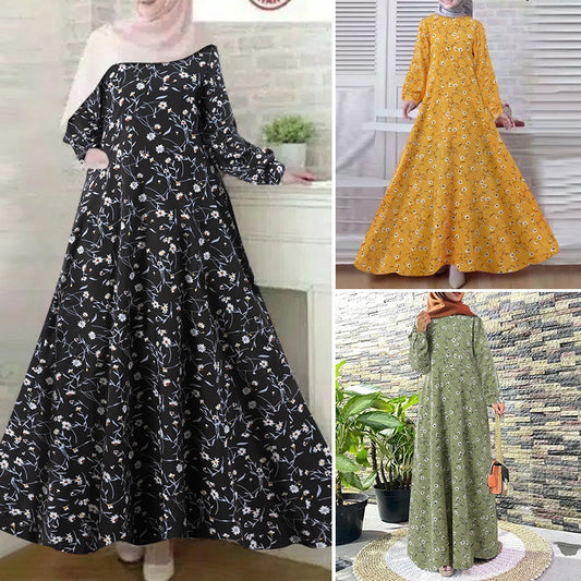 Abaya florale vintage manches longues – Robe musulmane élégante