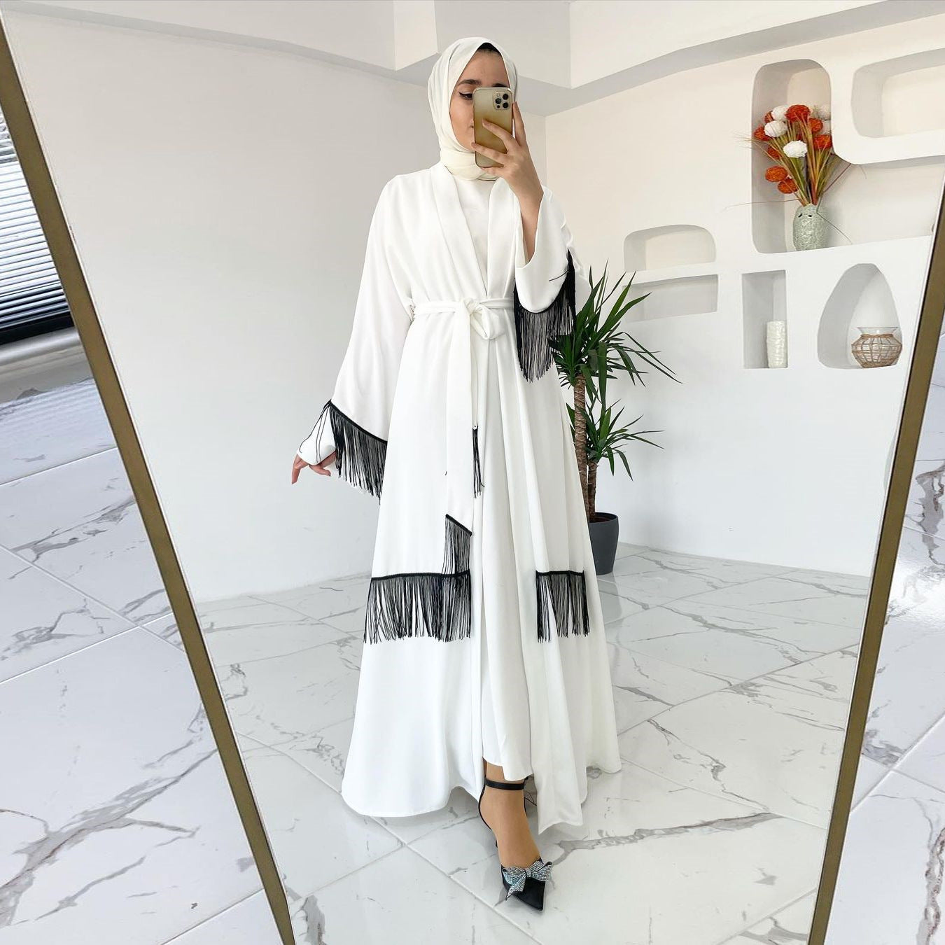 White Abaya with Pom-Poms – Elegant and Modern Muslim Dress