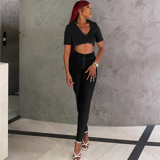 Ensemble Élégant Femme – Top Court & Pantalon Taille Haute