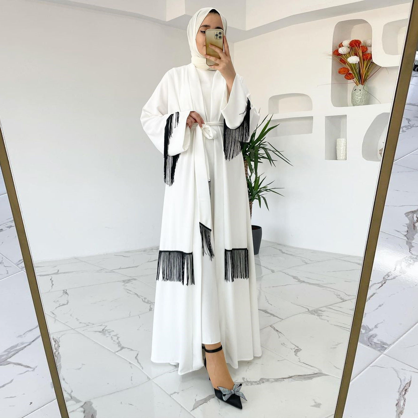 White Abaya with Pom-Poms – Elegant and Modern Muslim Dress