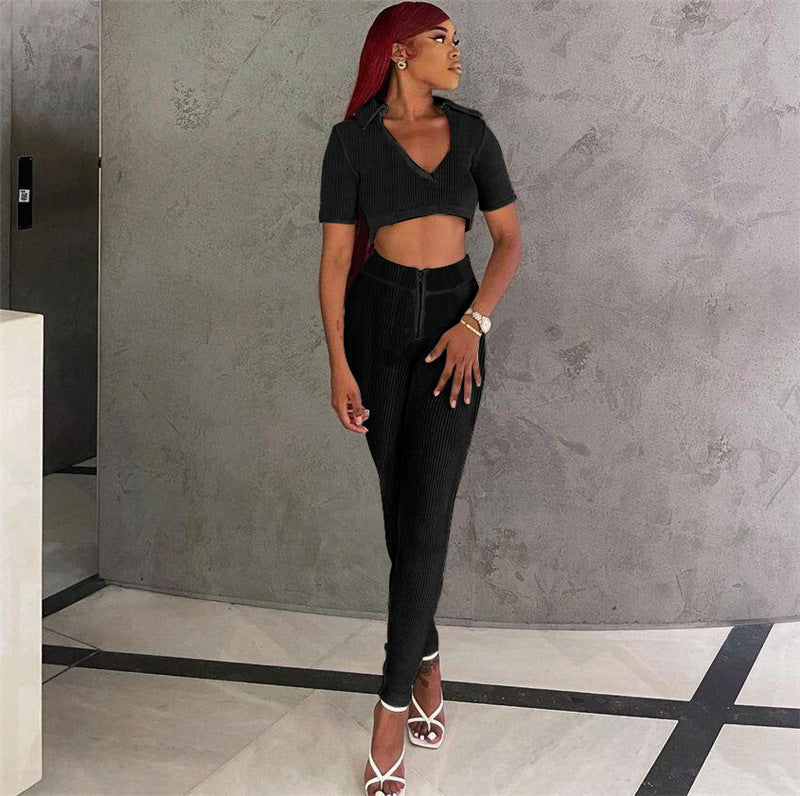 Women's Elegant Set - Crop Top & High-Waisted Pants