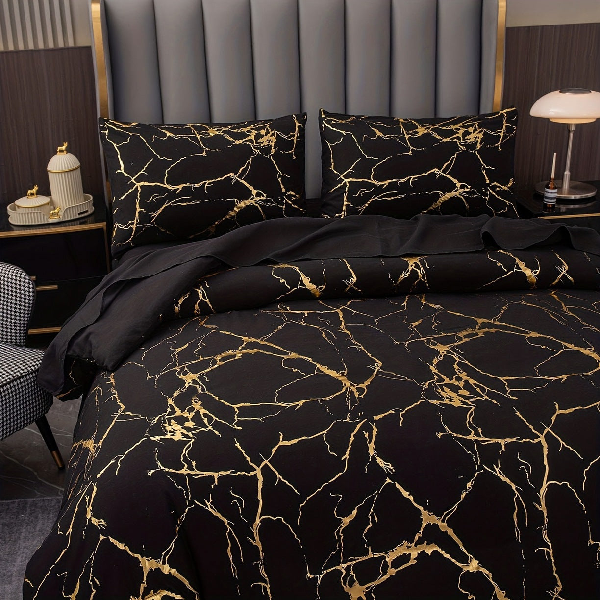 Parure de Lit Luxe Noir & Or – Élégance Moderne 3 Pièces