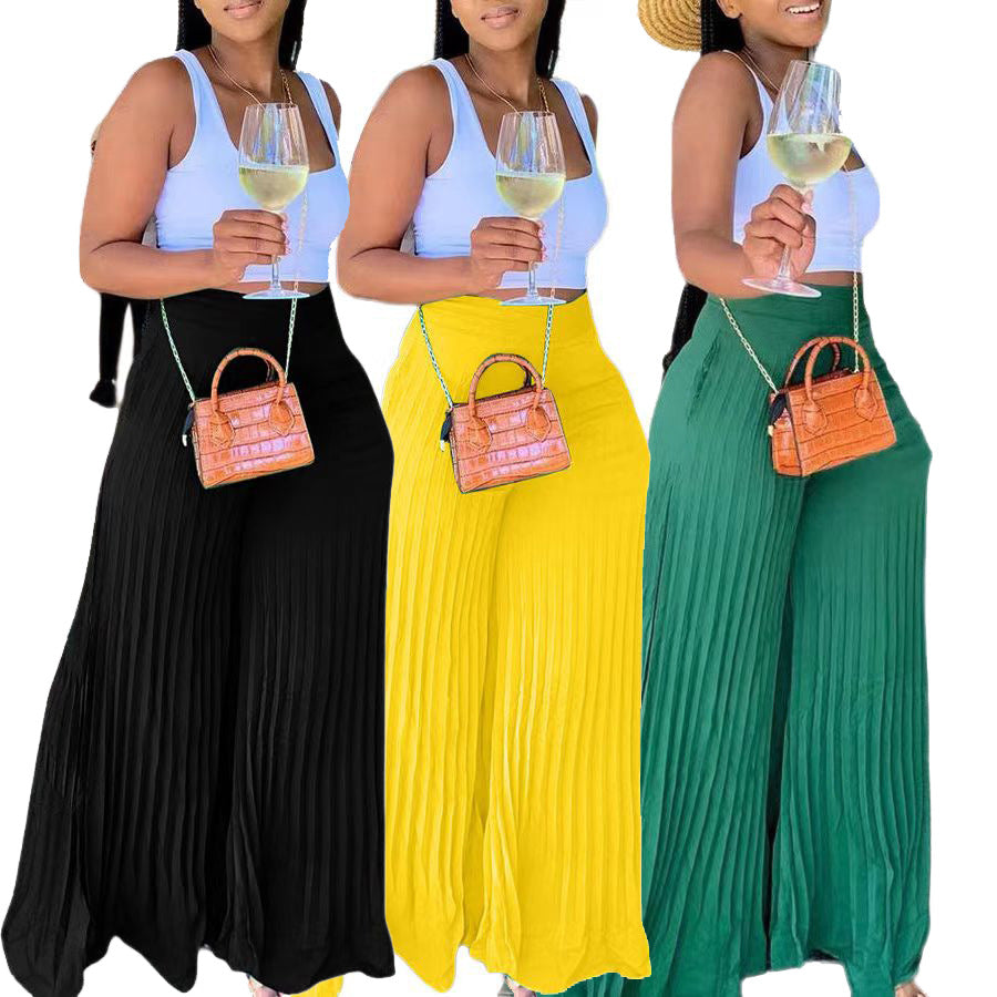 Women's Pleated Wide-Leg Trousers – Flowing Summer Elegance